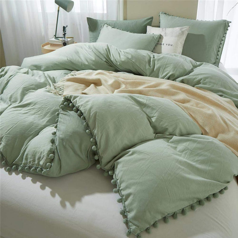 Pom Duvet Cover Full Size - 3 Piece Boho Bohemian Farmhouse Microfiber Comfort