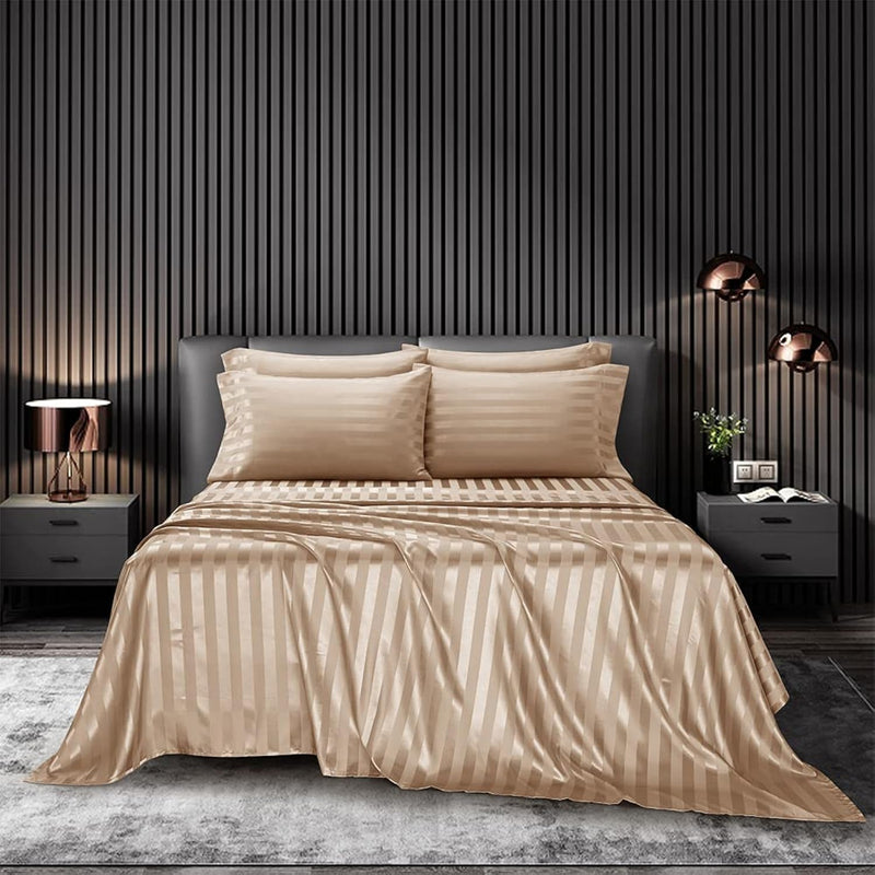 6 Piece Satin Italian Style Bed Sheet Set Deep Pocket Striped Super Soft 1800