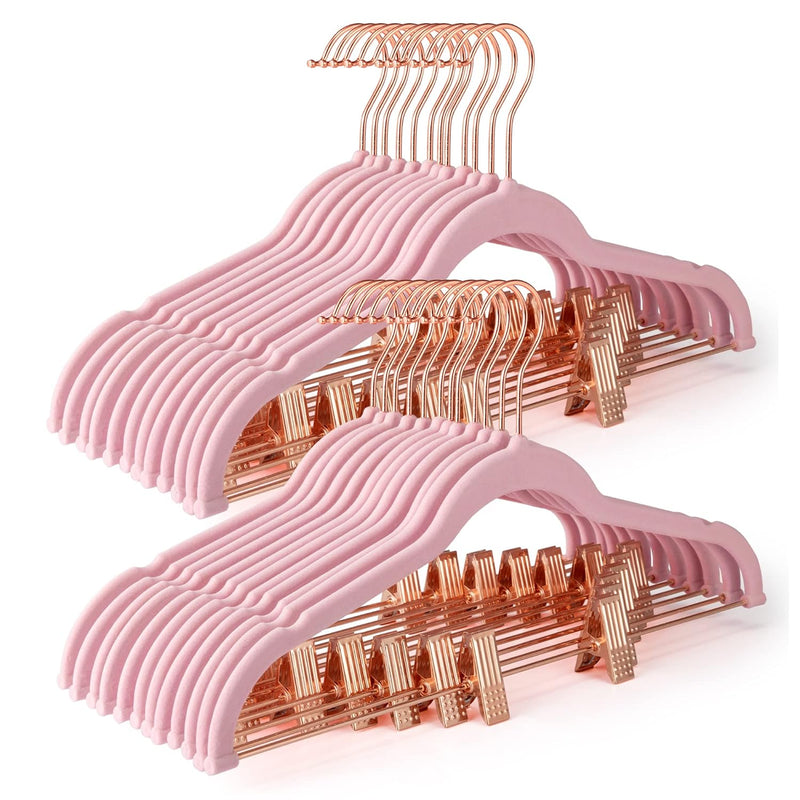 Velvet Skirt Hangers 24 Pack, Non Slip Velvet Pants Hangers With Rose Gold Clips