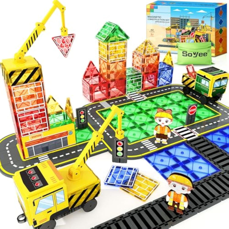 Magnetic Tiles Magnetic Construction Toys With 2 Cranes Boys Toys For Ages 3-5 5-7 Magnet Building Blocks Chritmas Gifts Boys Sensory Autism Montessori Toys Gift For 3+ Year Old