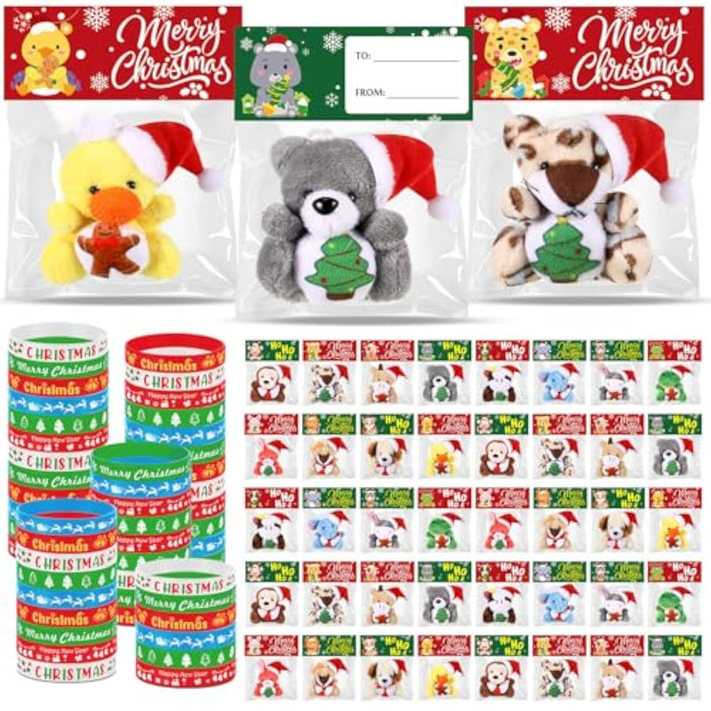 96 Pcs Christmas Mini Stuffed Animals Gifts Bulk 48 Christmas Plush Set With 48 Xmas Silicone Bracelets Small Plush Keychains Classroom Exchange Gift Toys For Friend Preschool Stocking Fillers