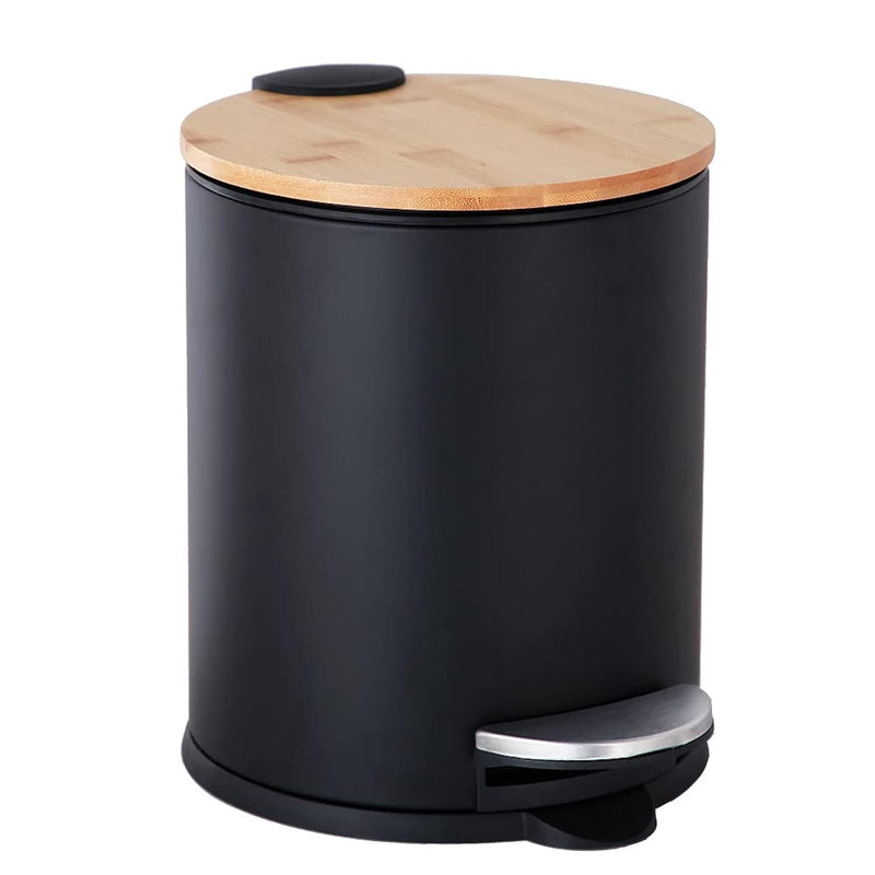 Small Bathroom Trash Can With Bamboo Lid Soft Close And Foot Pedal, 1.3Gal/5L Ro