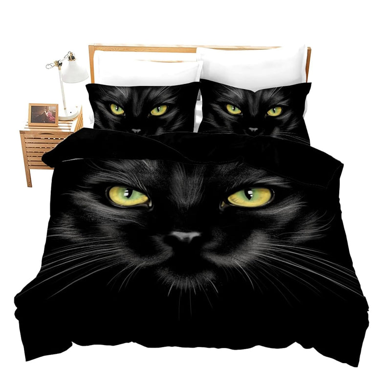 Animal Duvet Cover King Size Pet Cat Comforter Set Black Cat With Yellow Eyes