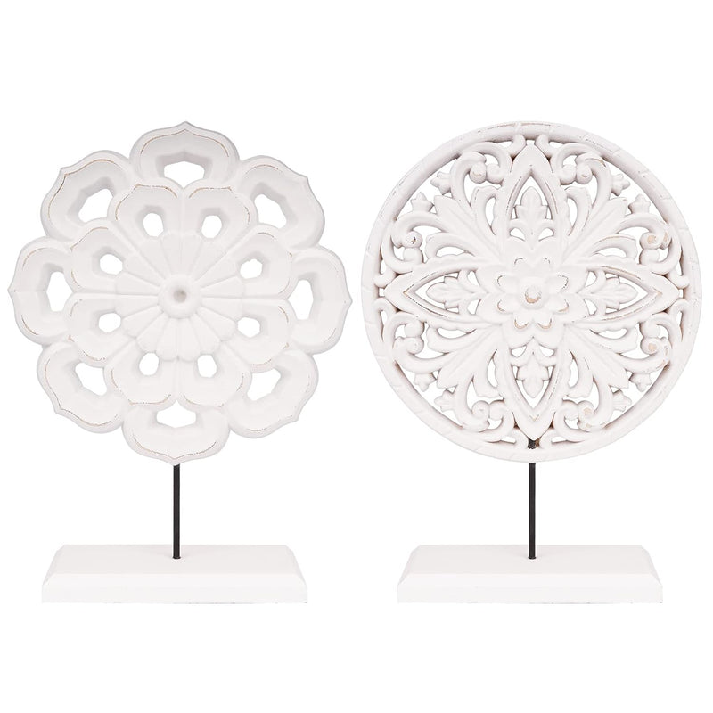 2 Pack Wooden Carved Cutout Flower Medallion Sculpture, Rustic Distressed Whit