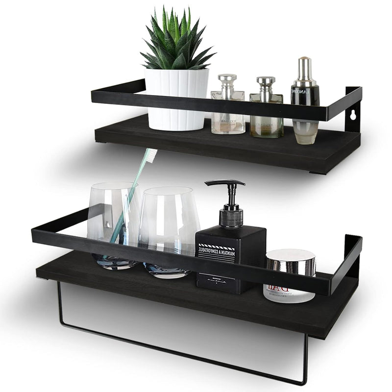 Black Floating Shelves With Towel Rack - Set Of 2 Bathroom Shelves Wall Mounte