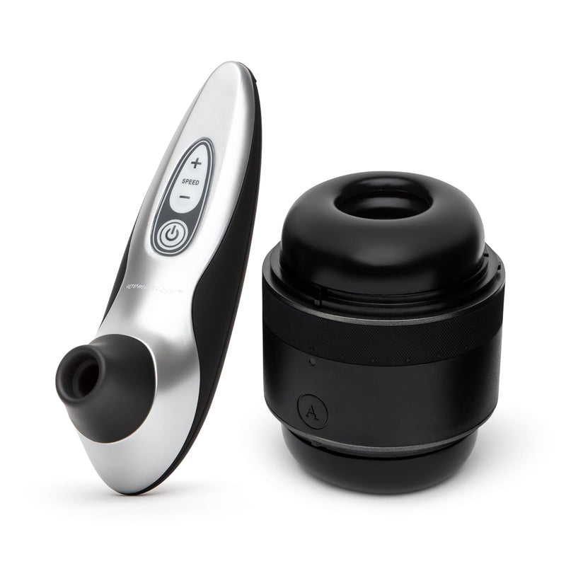 Voy Adjustable Male Masturbator Penis Stroker & Womanizer Pro40 Black Pleasure Air Clitoris Sucker - Couples Sex Toys Bundle