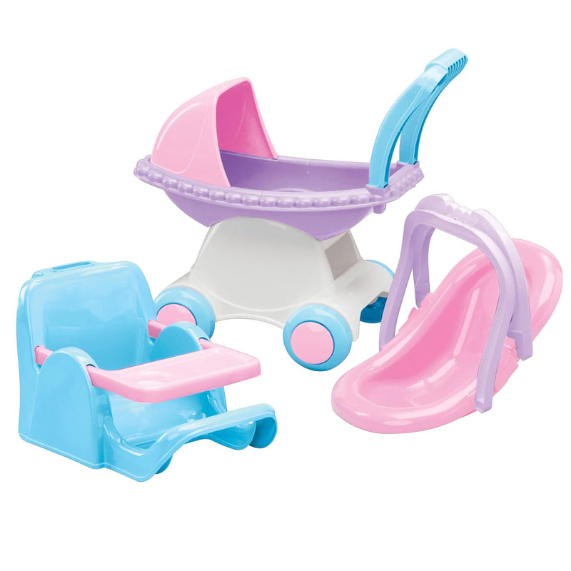 3 Piece Baby Doll Playset, Buggy, Carrier, Clip Chair Converts To Feeding Chai