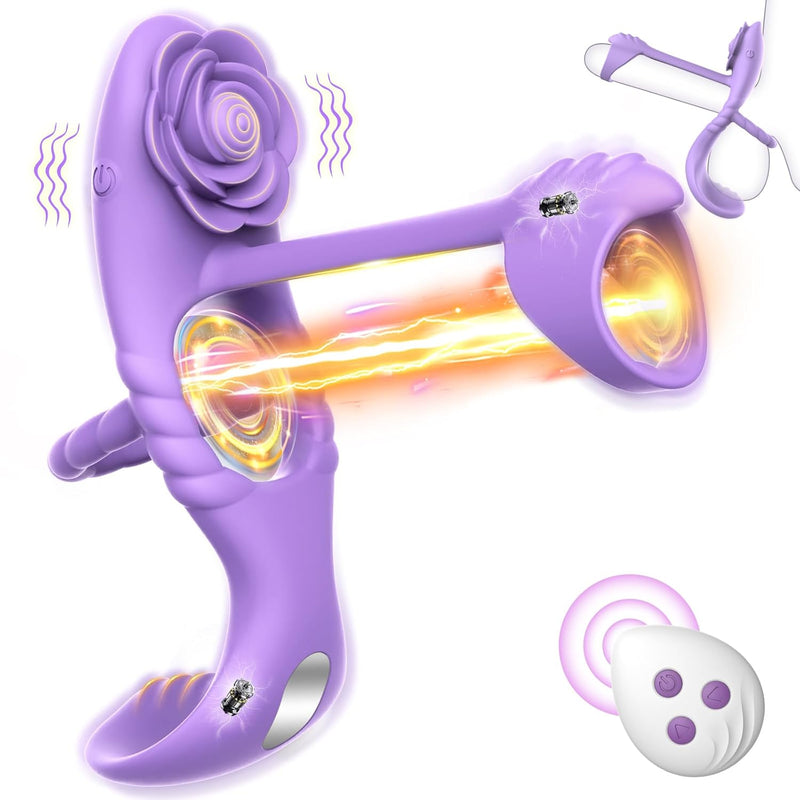 Vibrating Cock Ring Vibrator For Couples, Erection Penis Ring Sex Toys With Rose Clitoral Stimulator, Male Sex Toy With 10 Vibrations For Penis Testicles Stimulation, 4 In 1 Adult Toy For Men Women
