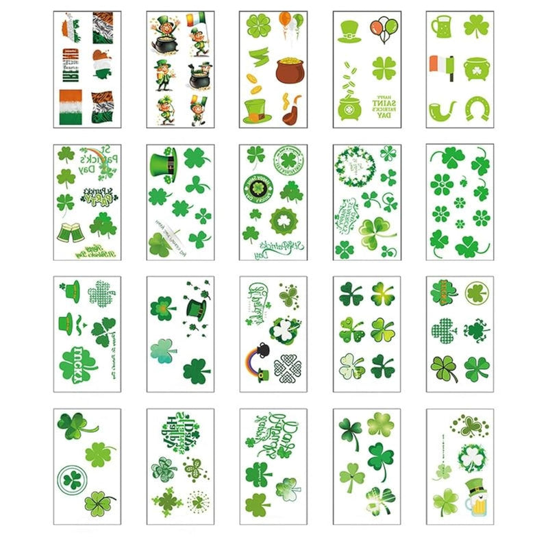 20 Sheets St. Patrick's Day Temporary Tattoos, Waterproof Clover Party Favors