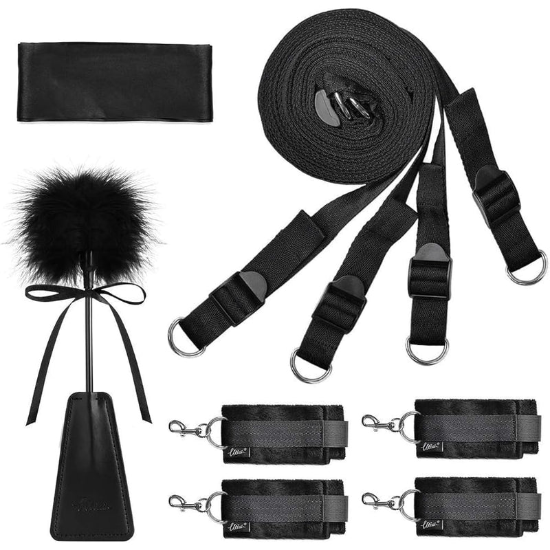 Bed Bondage Set Bedtime Adult Sex Toys With Handcuffs Footcuffs Blindfold Feather Tickler Sex Straps Bdsm Restraints Kits For Couples Roleplay Sm Game