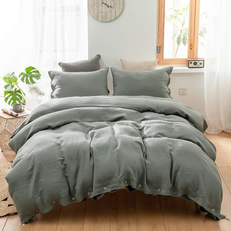 100% Linen Duvet Cover Set 3Pcs With Coconut Button Closure Natural French Was