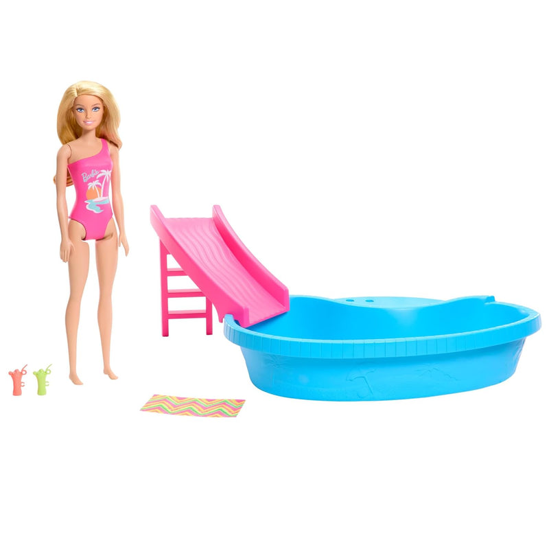 Barbie Doll & Pool Playset, Blonde in Tropical Pink One-Piece Swimsuit with
