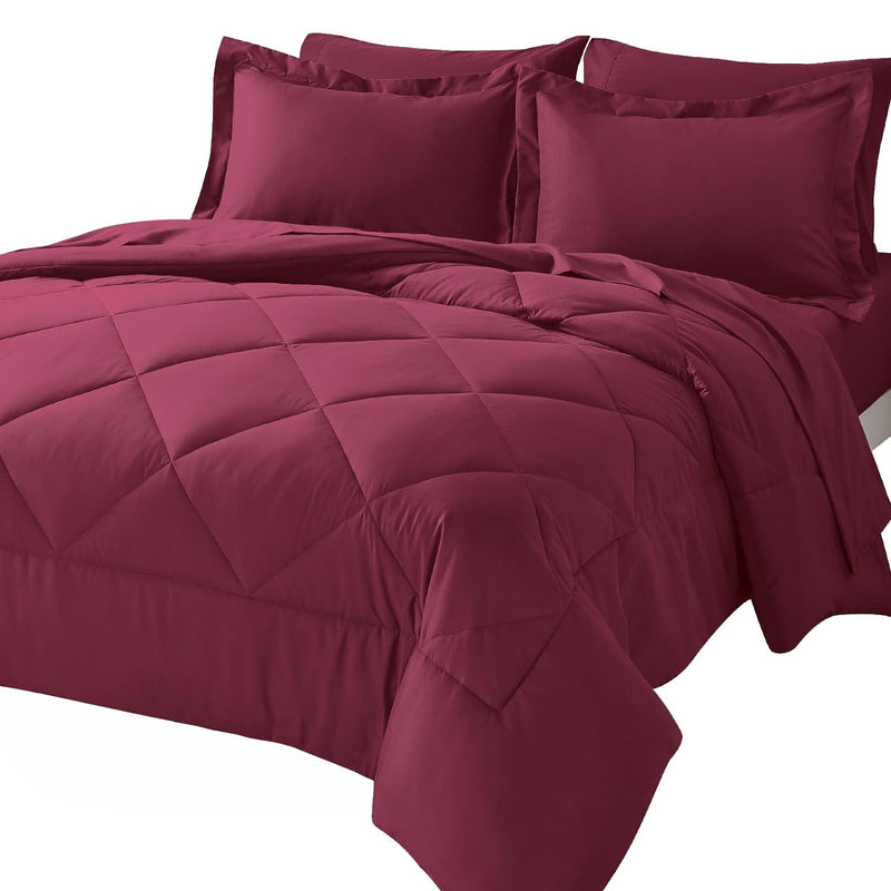 King Comforter Set With Sheets 7 Pieces Bed In A Bag Burgundy All Season Bedding Sets With Comforter, Pillow Shams, Flat Sheet, Fitted Sheet And Pillowcases, Red, King