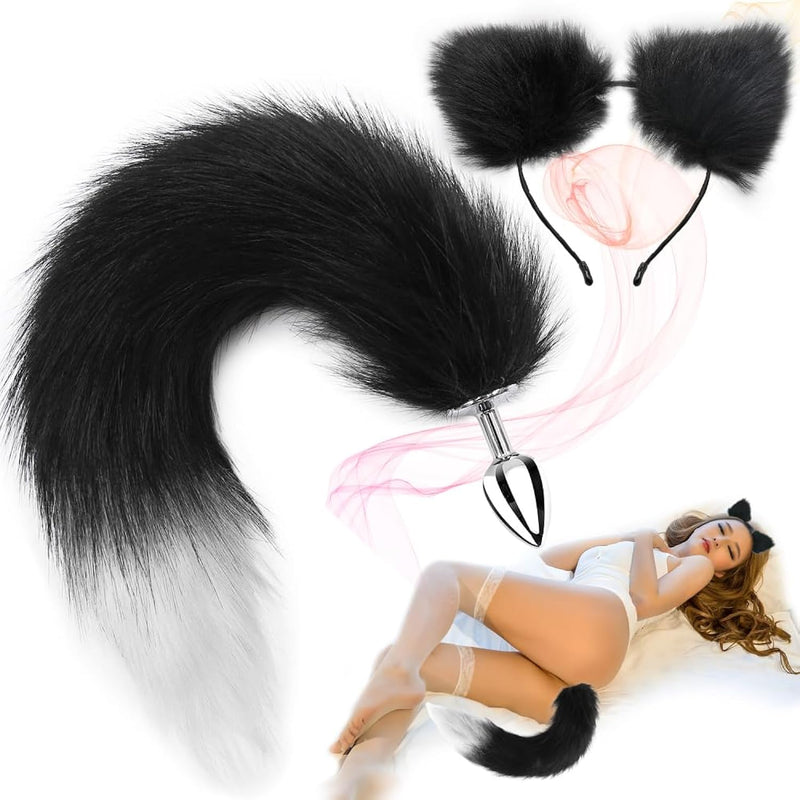 Stainless Steel Anal Butt Plug With Faux Silver Fox Tail And Ear-Anal Stopper Tail Sex Toy For Sm Adult Games Or Cosplay