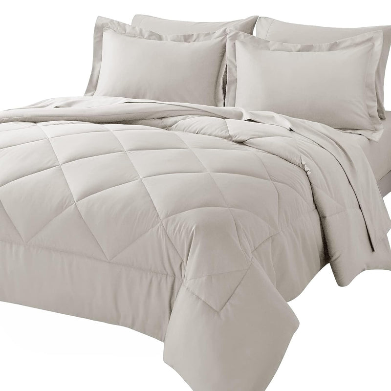 Queen Bed In A Bag 7-Pieces Comforter Sets With Comforter And Sheets Beige All Season Bedding Sets With Comforter, Pillow Shams, Flat Sheet, Fitted Sheet And Pillowcases
