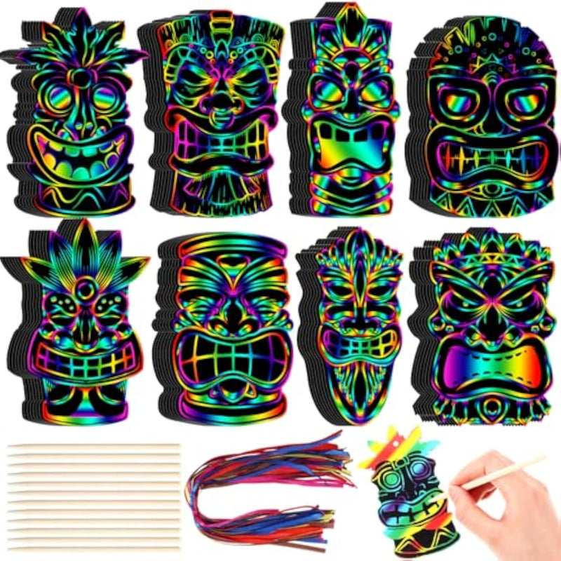 80 Pcs Hawaiian Luau Scratch Art Cards, Rainbow Tiki DIY Crafts for Kids