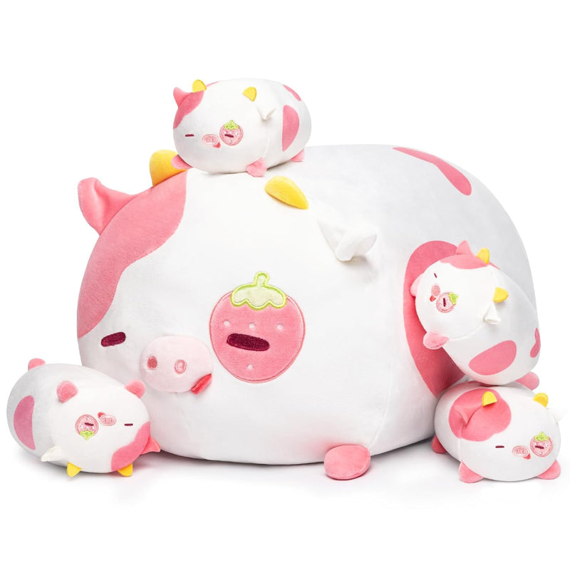 Strawberry Cow Plushies Set, Mommy Cow Stuffed Animal With 4Pcs Cute Small