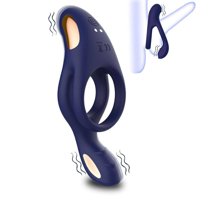 Vibrating Silicone Dual Cock Rings For Longer, Harder, Stronger Erections, Couple Ring 10 Modes Vibrating Penis Rings Waterproof Rechargeable For Male Or Couple Navy Blue