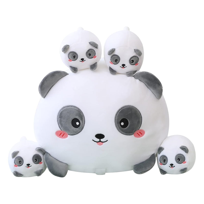 Panda Mommy Stuffed Animal With 4 Baby Pandas, Super Soft Cartoon Hugging T