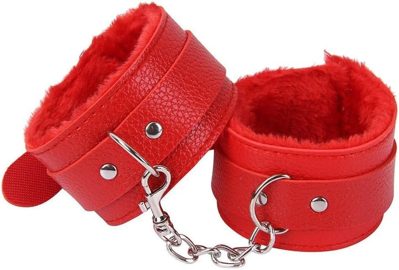 Red Fluffy Handcuffs Set – Soft Wrist & Ankle Cuffs with Chain for Couples
