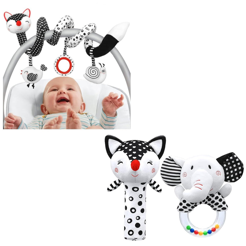 Black And White Car Seat Toys & High Contrast Baby Rattles 0 6 Months, Newborn