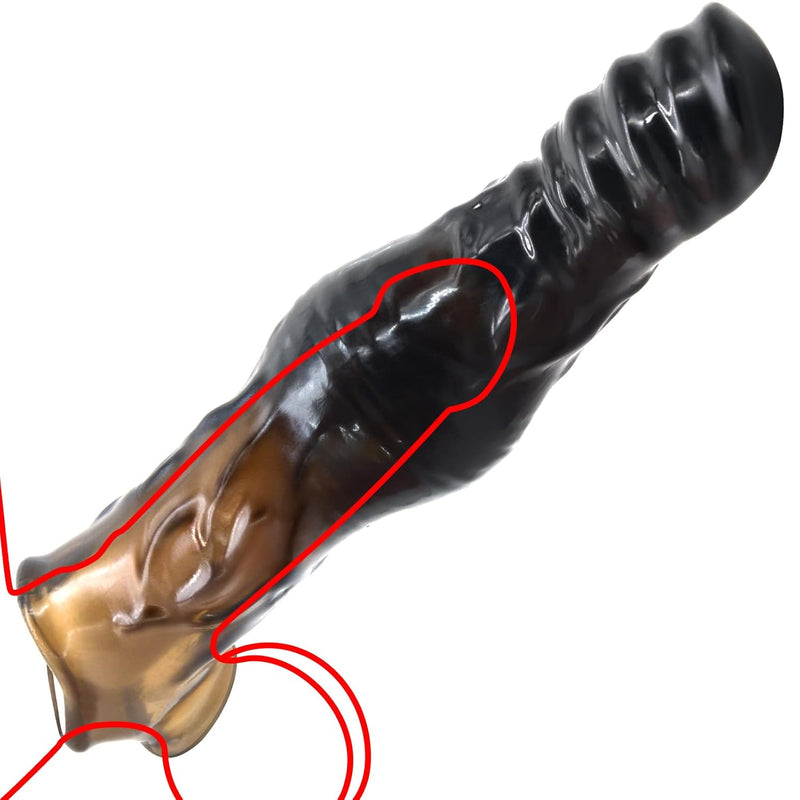 Reusable Penis Sleeve With Ball Stretcher - Black Unique Shape Stretchy Cock Extender Sheath With Thick Knot - Penis Enlarger Sex Toy For Men Couples