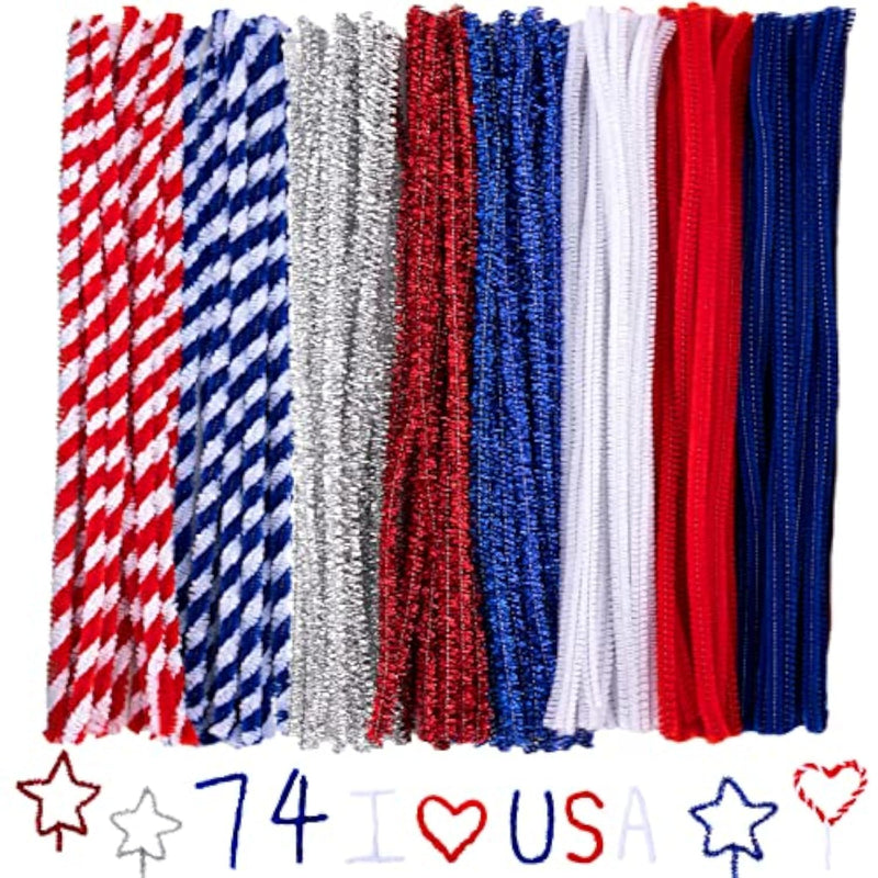 500 Pcs Patriotic Pipe Cleaners, Red White Blue & Silver for 4th of July