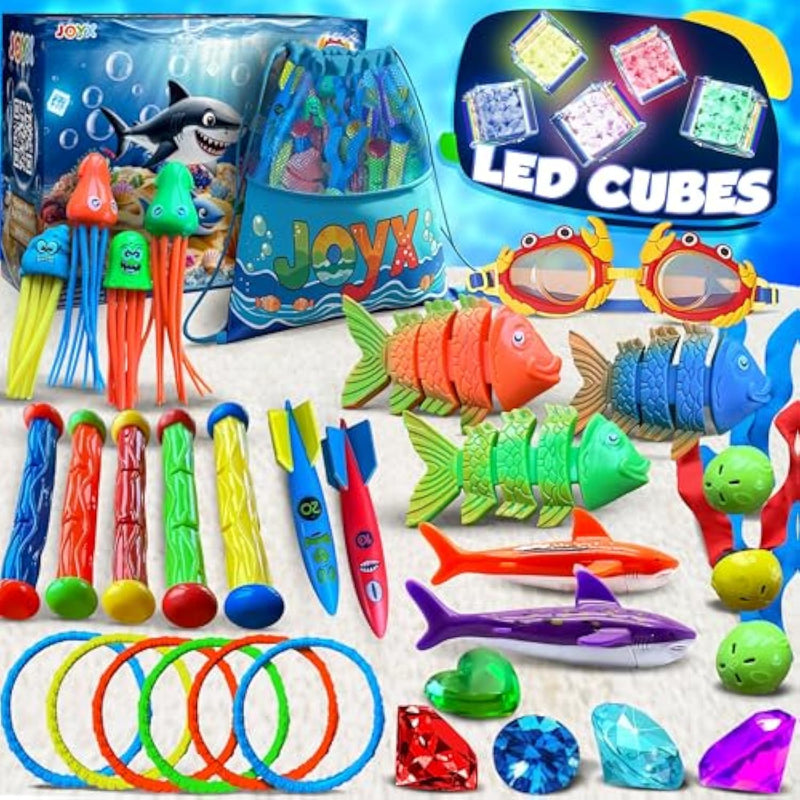 35-Piece Diving Pool Toys Set For Kids Ages 4–12 – Includes Led Light Cubes, Goggles, Rings, Gems & Toypedo Bandits – Swim & Dive Training Set With Storage Bag For Pool Fun