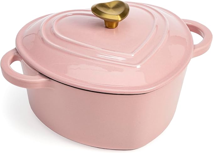 Enameled Cast Iron Dutch Oven Heart-Shaped Pot with Lid, Dual Handles, Works on All Stovetops, Oven Safe to 500°F, 2-Quart, Pink