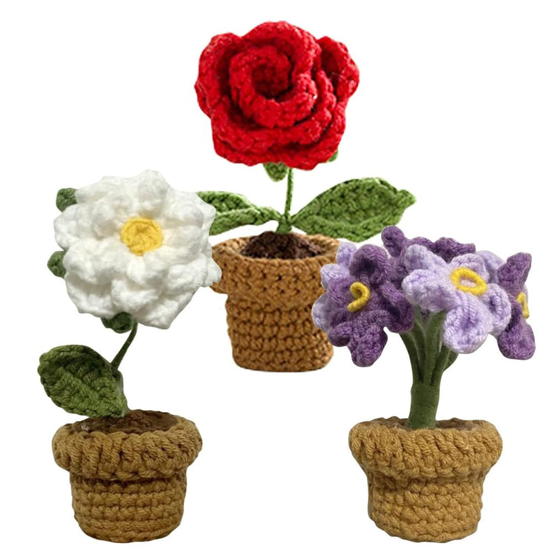3Pcs Mini Crochet Rose Potted Plant,Knitted Fake Gardenias Lavender For Bathro