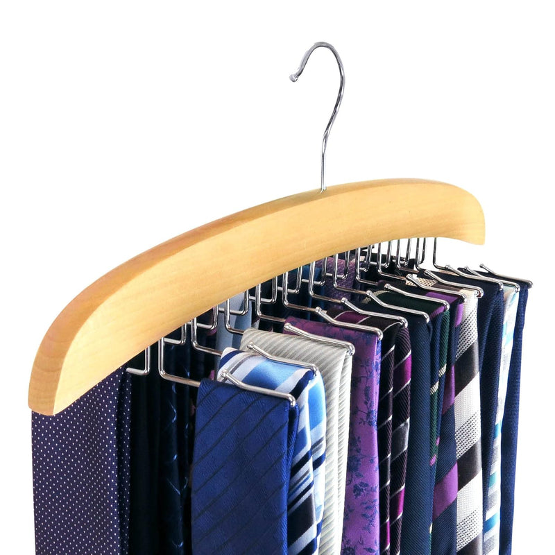 Hanging Tie Holder Organizer Rack - Premium Wooden Tie Hanger With 24 Folding Ac