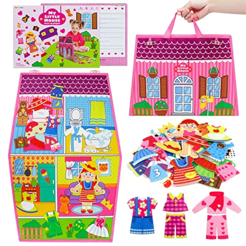 Dress Up House Felt Board 35Pcs Double-Sided Foldable Dress Up Teaching Girls Toy Preschool Crafts Storytelling Early Learning Interactive Play Kit For Toddlers Kids
