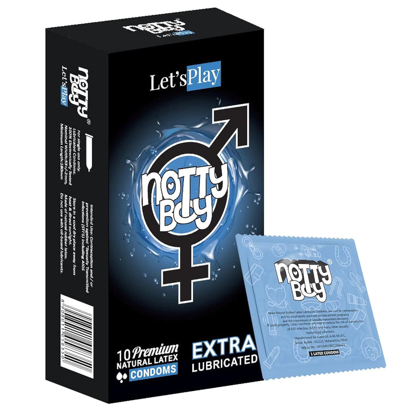Nottyboy Lets Play Extra Lubricated Male Condoms - 10 Count | Silky Surface | Extra Moisturised | Ultra-Smooth | Organic Rubber | Minimising Friction | Vegan