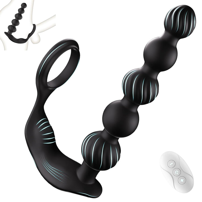 Vibrating Anal Beads Butt Plug With Penis Cock Ring, Anal Vibrator With 10 Vibration Modes Graduated Design Prostate Massager Silicone Anal Sex Toys Bullet Vibrators For Men, Women And Couples