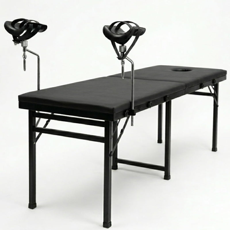 Adjustable Positioning Sex Table with Steel Frame and Rotating Stirrups