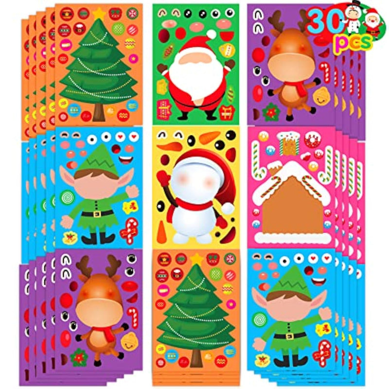 30 Sheets Christmas Face Stickers with Santa & Snowman, Kids Craft Party Favors