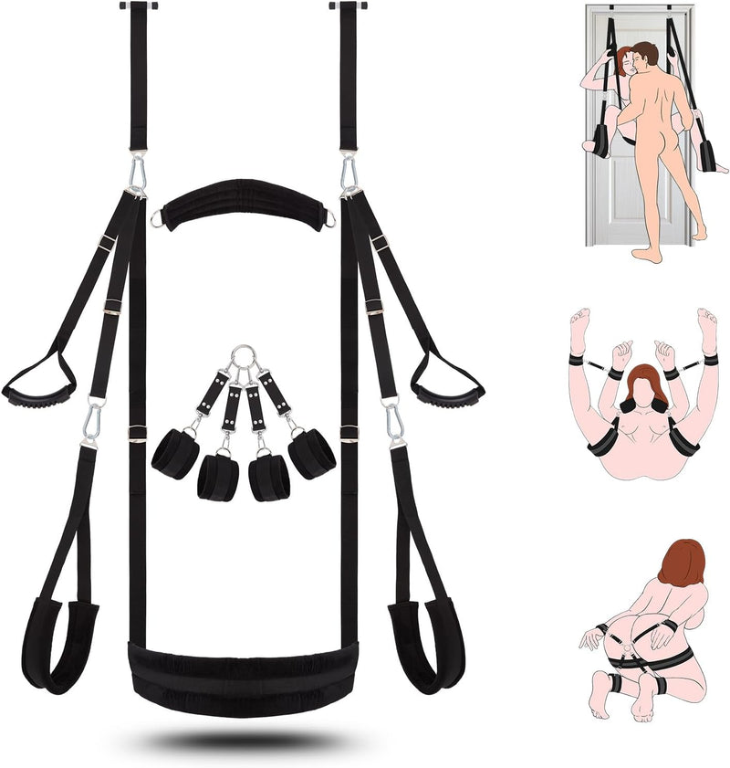 Adjustable Door Swing & Bondage Restraint Kit with Handcuffs & Leg Straps, Black