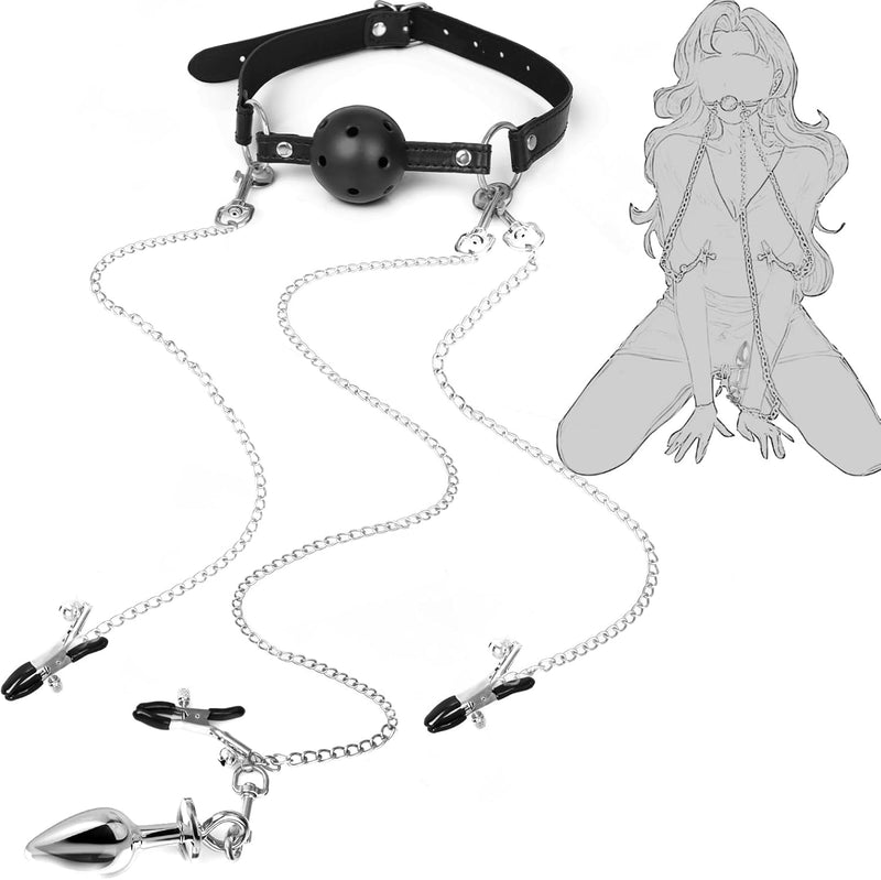 BDSM Bondage Restraint Set with Breathable Ball Gag, Nipple Clamps & Anal Plug