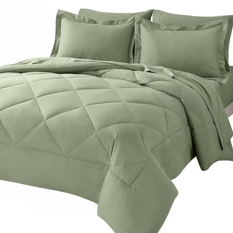 Queen Comforter Set With Sheets 7 Pieces Bed In A Bag Sage Green All Season Be