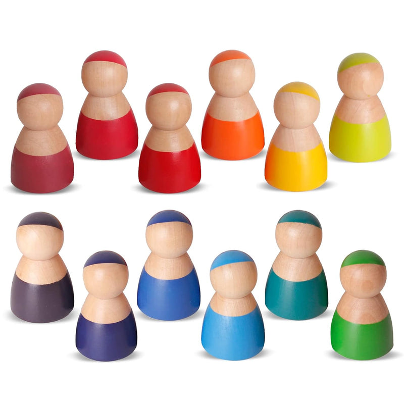 12 Pcs Rainbow Wood Peg Dolls Wooden Pretend Play People Figures For Toddle
