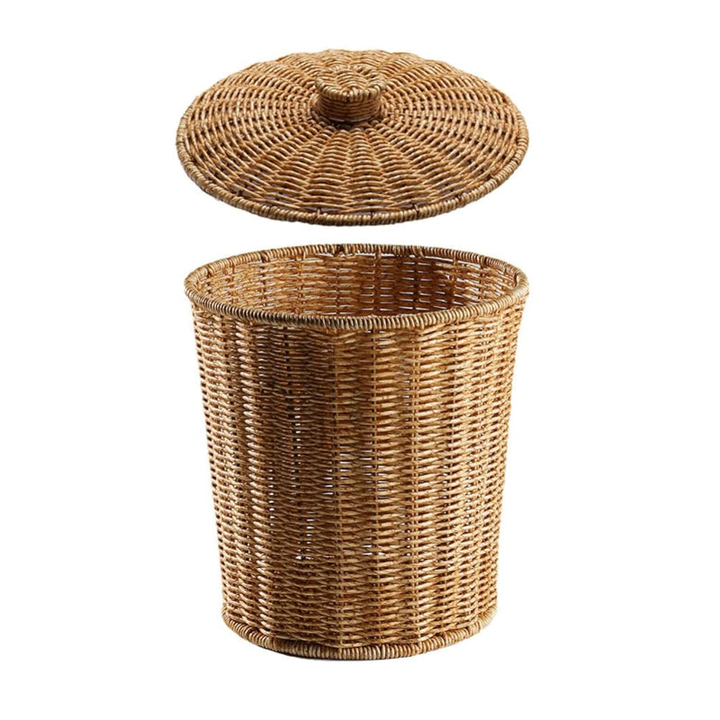 Small Woven Basket With Lid Rattan Trash Can Wastebasket Garbage Container Bin P