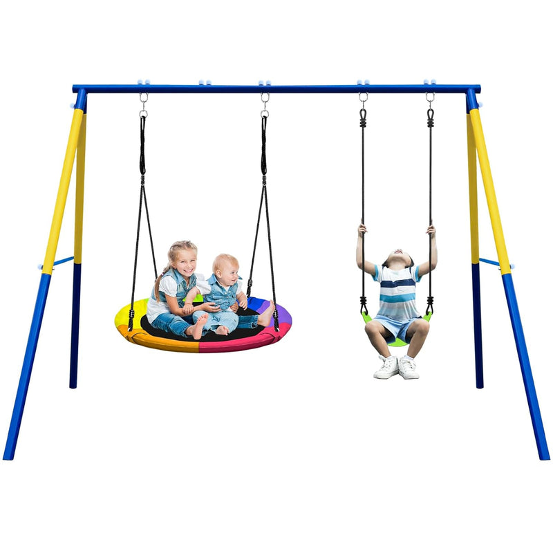 440Lbs 2 Seat Swing Set For Backyard, 1 Saucer Swing Seat & 1 Belt Swing Seat