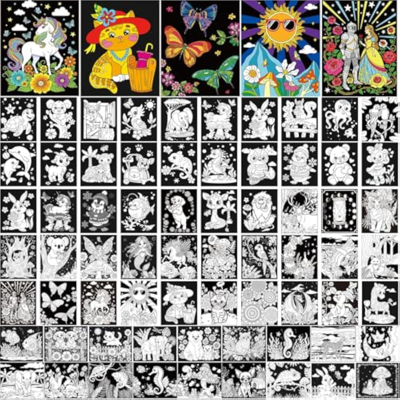 72 Pack Fuzzy Velvet Coloring Posters, 72 Designs for Kids, Adults & Classrooms