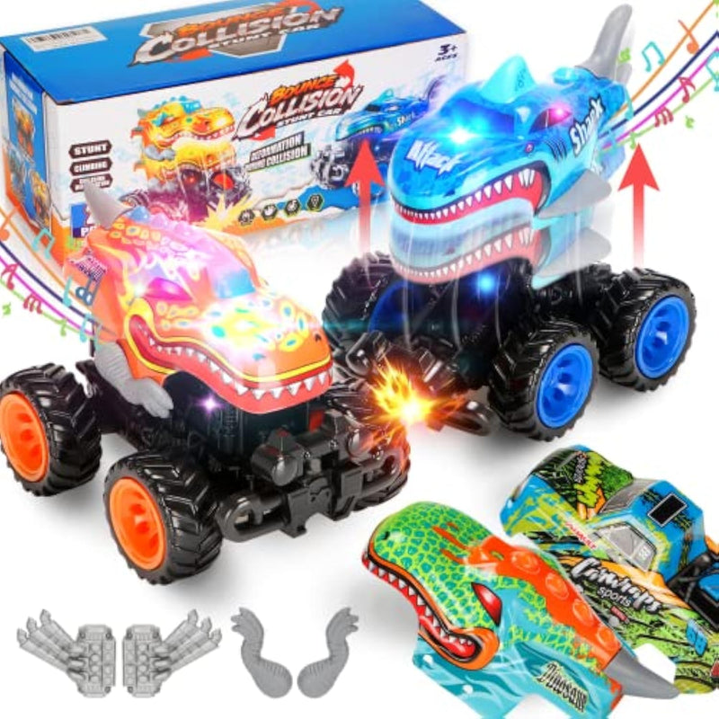 2 Pack Exploding Monster Truck Toy With Interchangeable Dinosaur & Shark Bodies, Friction-Powered Light-Up Cars With Sounds, Birthday Gift For Boys Ages 4-7, Easter Basket Stuffer, Kids Car Toys
