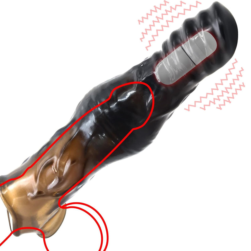 Vibrating Penis Sleeve With Ball Stretcher - Black Reusable Unique Shape Stretchy Cock Extender Sheath With Thick Knot - Penis Enlarger Sex Toy For Couples Men
