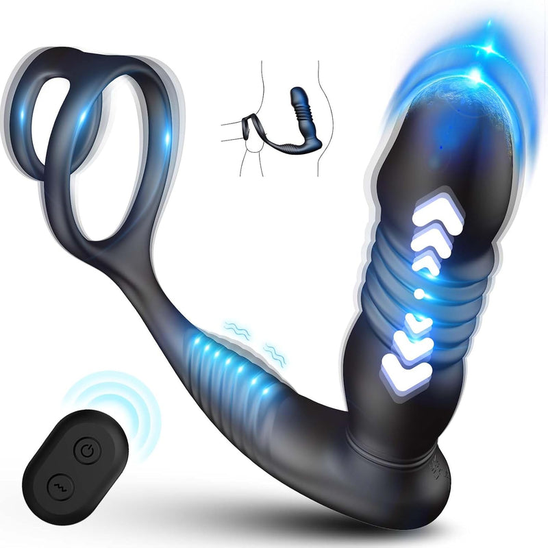 Anal Vibrators Male Butt Plug - Adult Sex Toys With 2 Cock Ring Remote Control Prostate Massager 9 Thrusting & Vibrating Modes Dual Motors Stimulator Anal Gay Toy For Man Woman Couples Pleasure