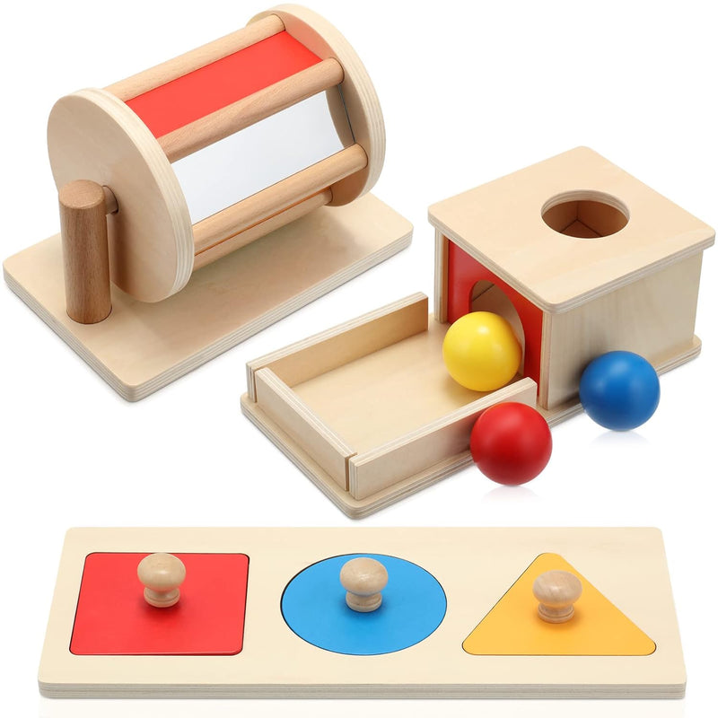 Sratte 3 Pcs Wooden Baby Toys Set, Object Permanence Box, Rainbow Drum, Col