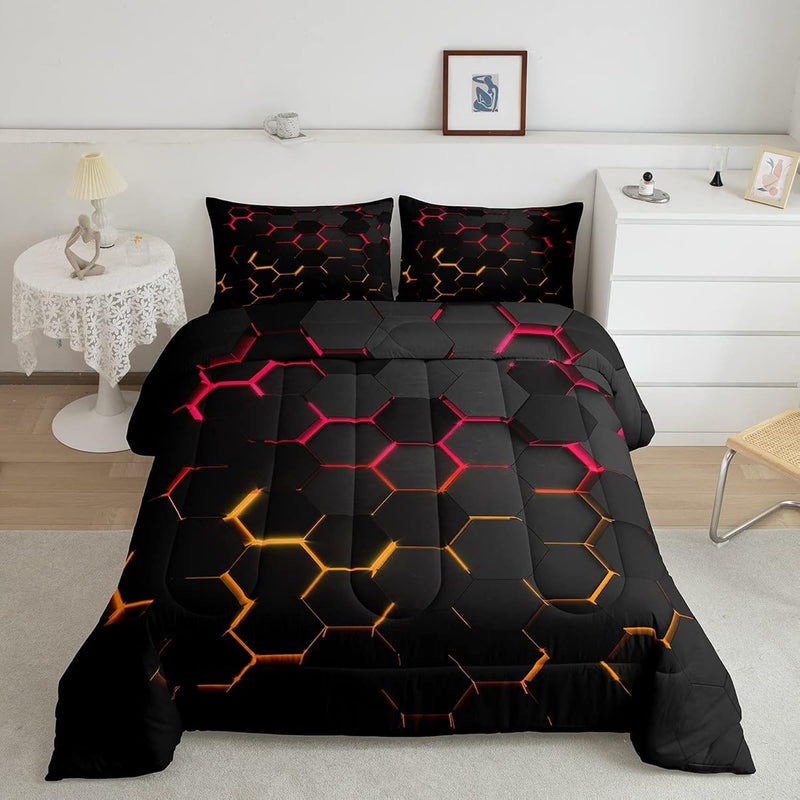 Honeycomb Comforter Set Full Size Geometric Hexagon Bedding Set 3Pcs For Kids
