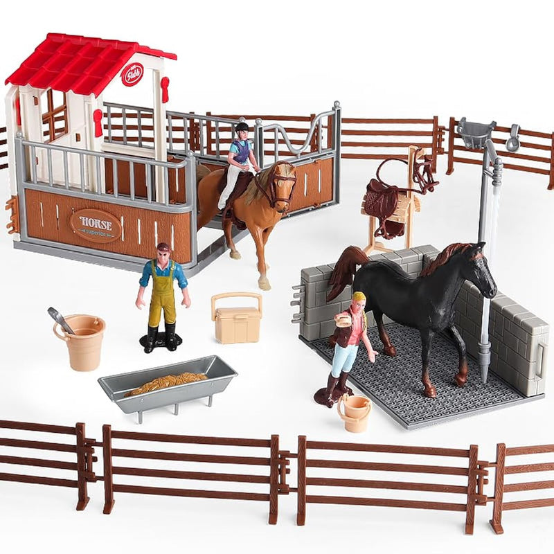Horse Stable Figurines Playset, 31 Pieces Horse Club With Horse Wash Area And Fence Figures, Barn Horse Toys Gift For Girls And Boys 3 4 5 6 7 8