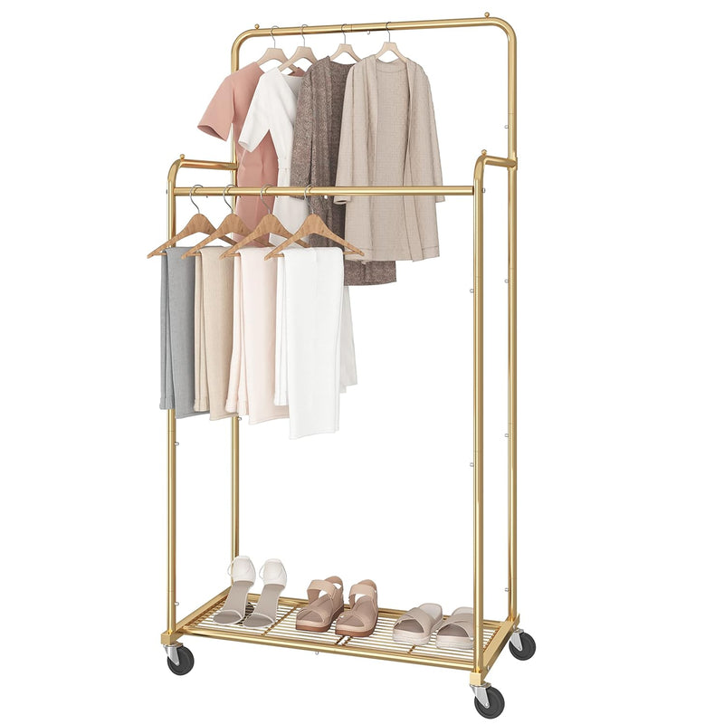 Double Rod Clothes Garment Rack, Heavy Duty Clothing Rolling Rack On Wheels For